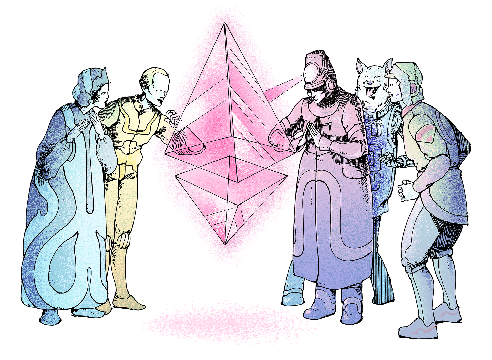 Illustration of a group of people marvelling at an ether (ETH) glyph in awe