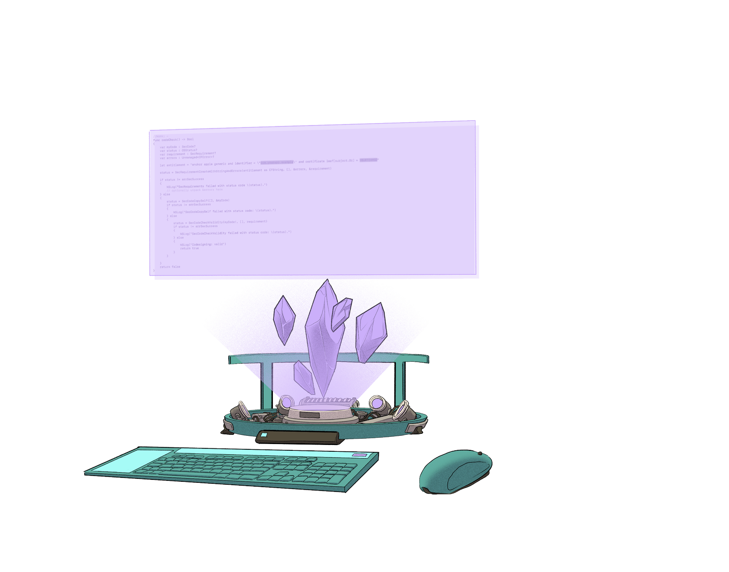 Illustration of a futuristic computer set up, powered by Ethereum crystals.