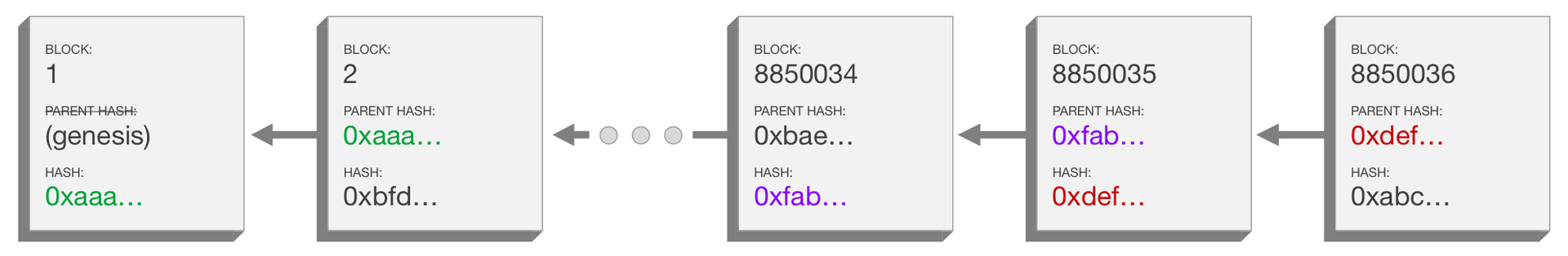 A diagram depicting a blockchain including the data inside  each block